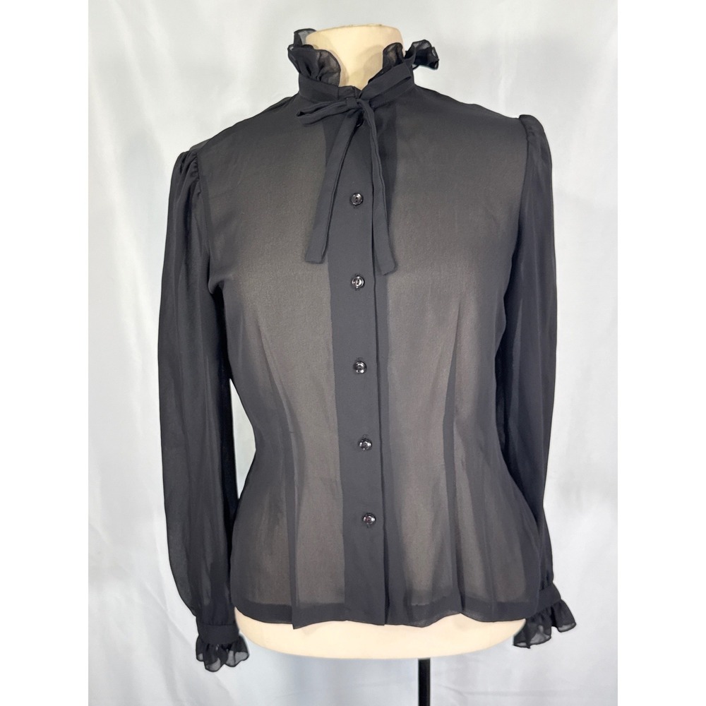 Vintage Collegian of California Black Sheer Ruffle Tie Neck Blouse Shirt 38 bust